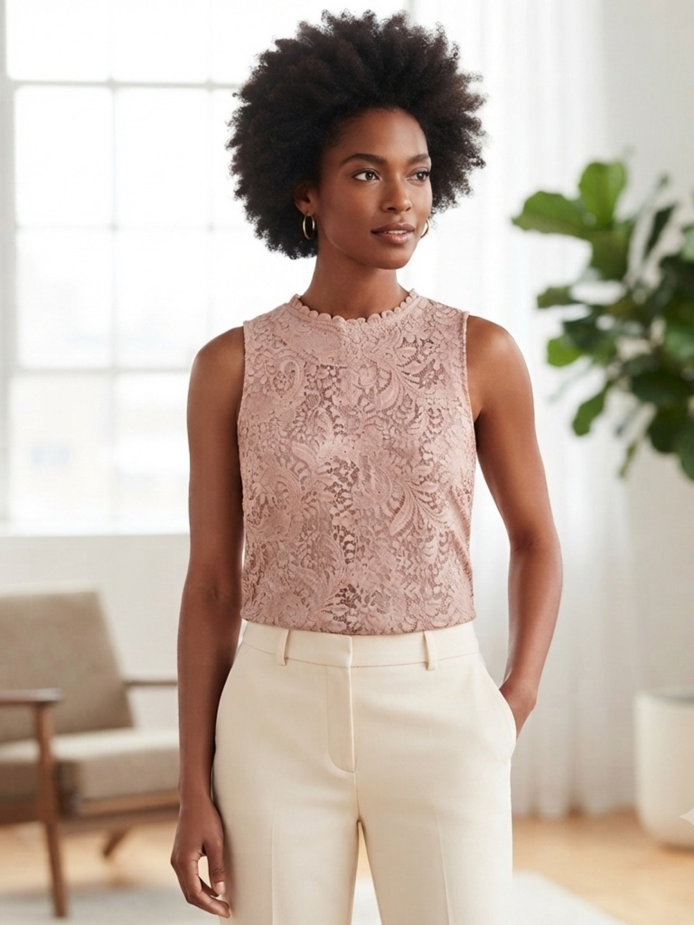 LOFT Mauve Pink Lace High-Neck Sleeveless Camisole